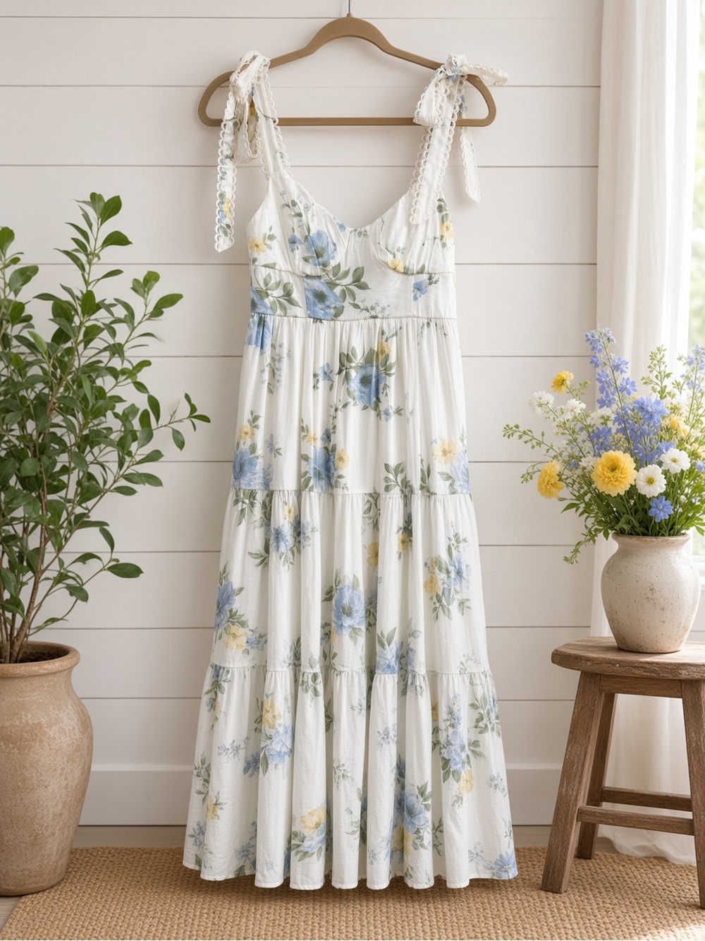 White Blue Yellow Floral Tiered Midi Dress Lace Tie Straps